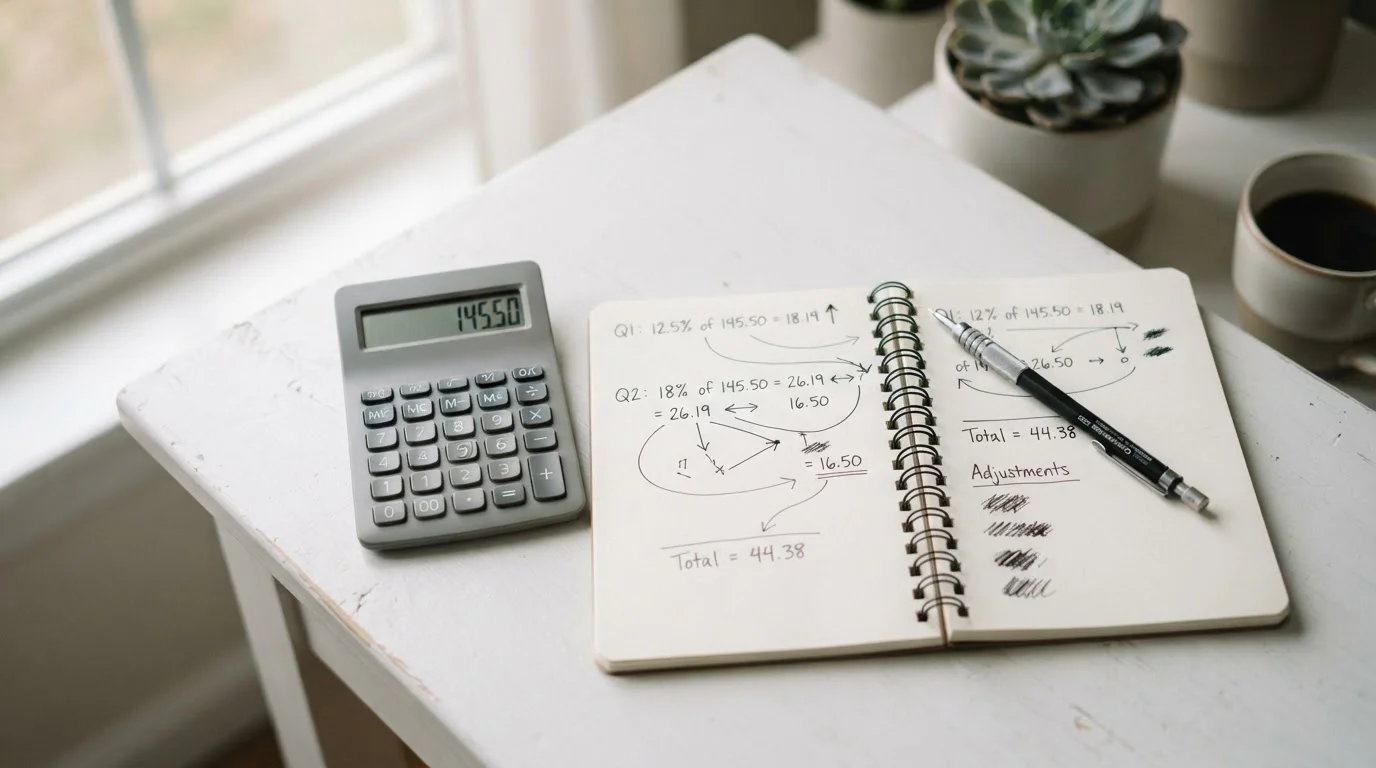 Taschenrechner und handschriftliche Berechnungen zu Bonusumsatz und Steuerabzug