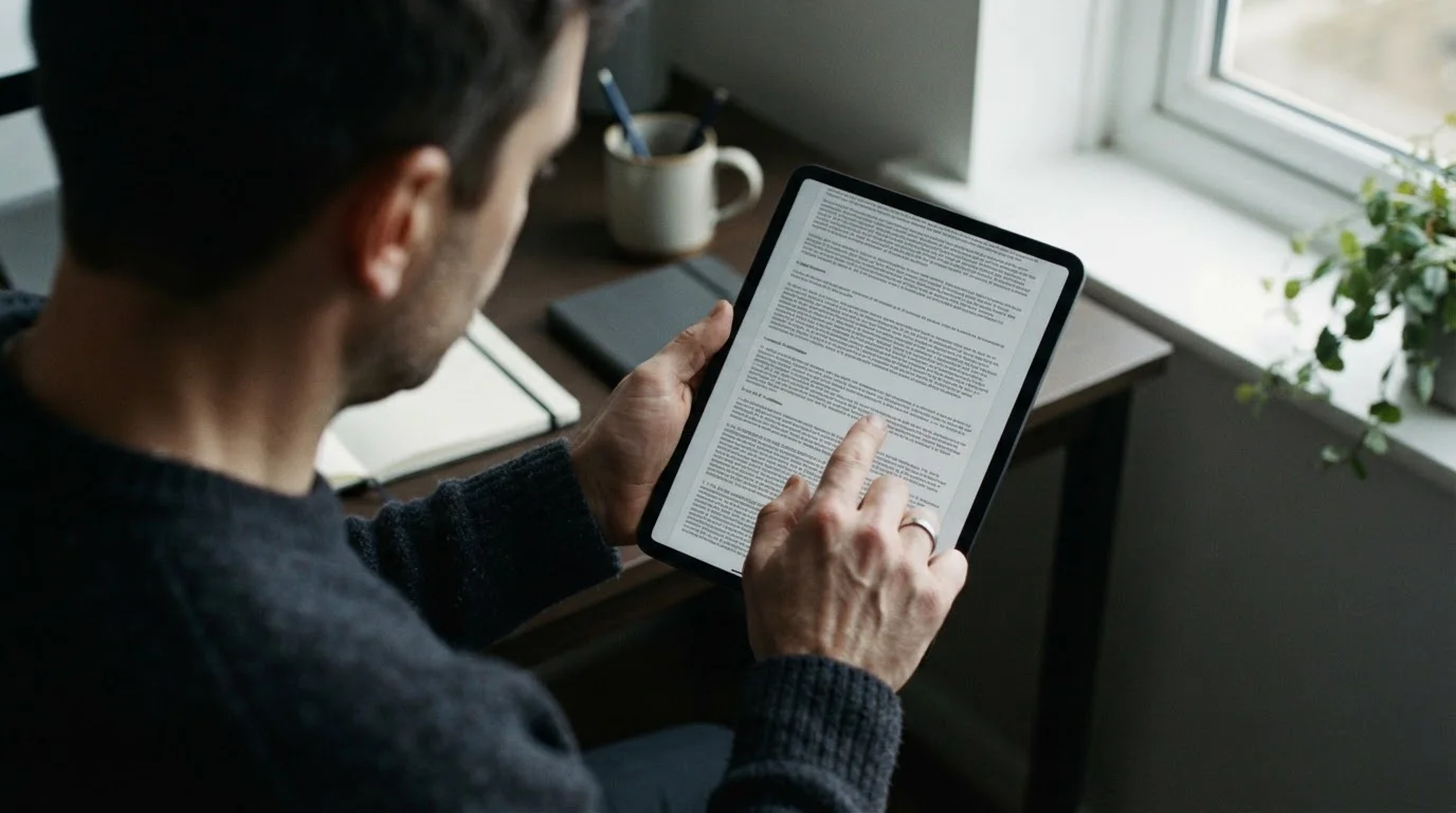 Person liest Kleingedrucktes in Bonusbedingungen auf Tablet