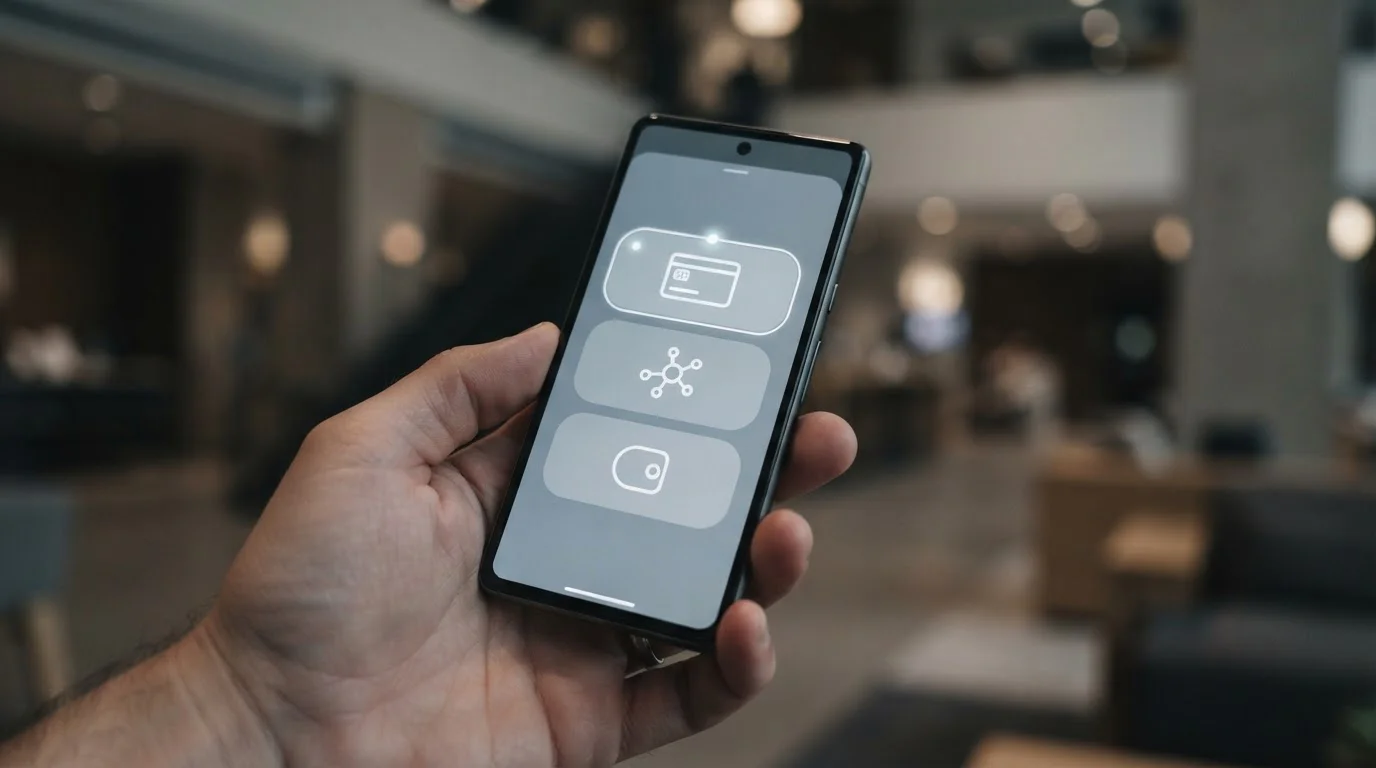Smartphone mit Zahlungsmethoden-Auswahl auf neutraler Plattform
