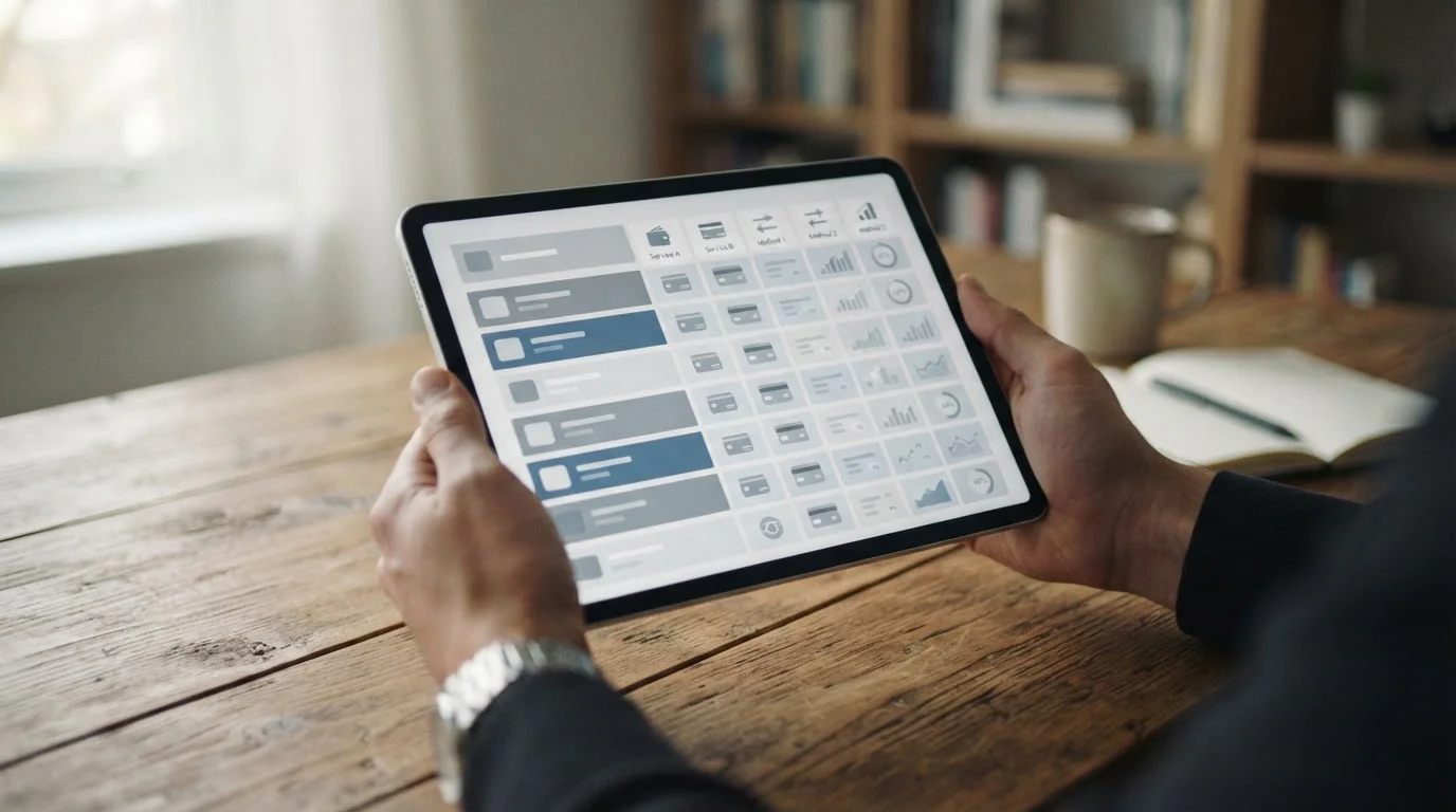 Übersicht verschiedener Banking-Optionen auf Tablet-Bildschirm