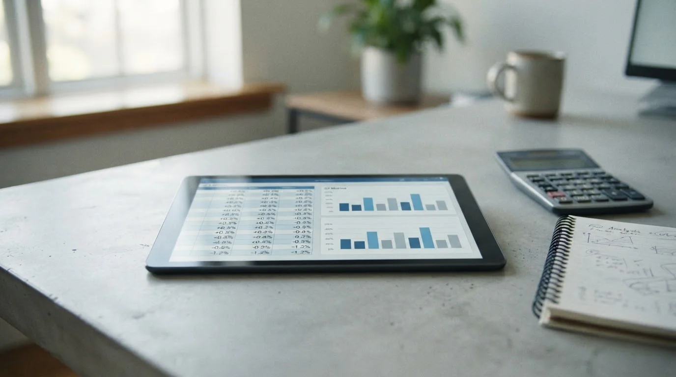 Vergleichstabelle mit abstrakten Zahlenwerten zu Quoten und Margen auf einem Tablet