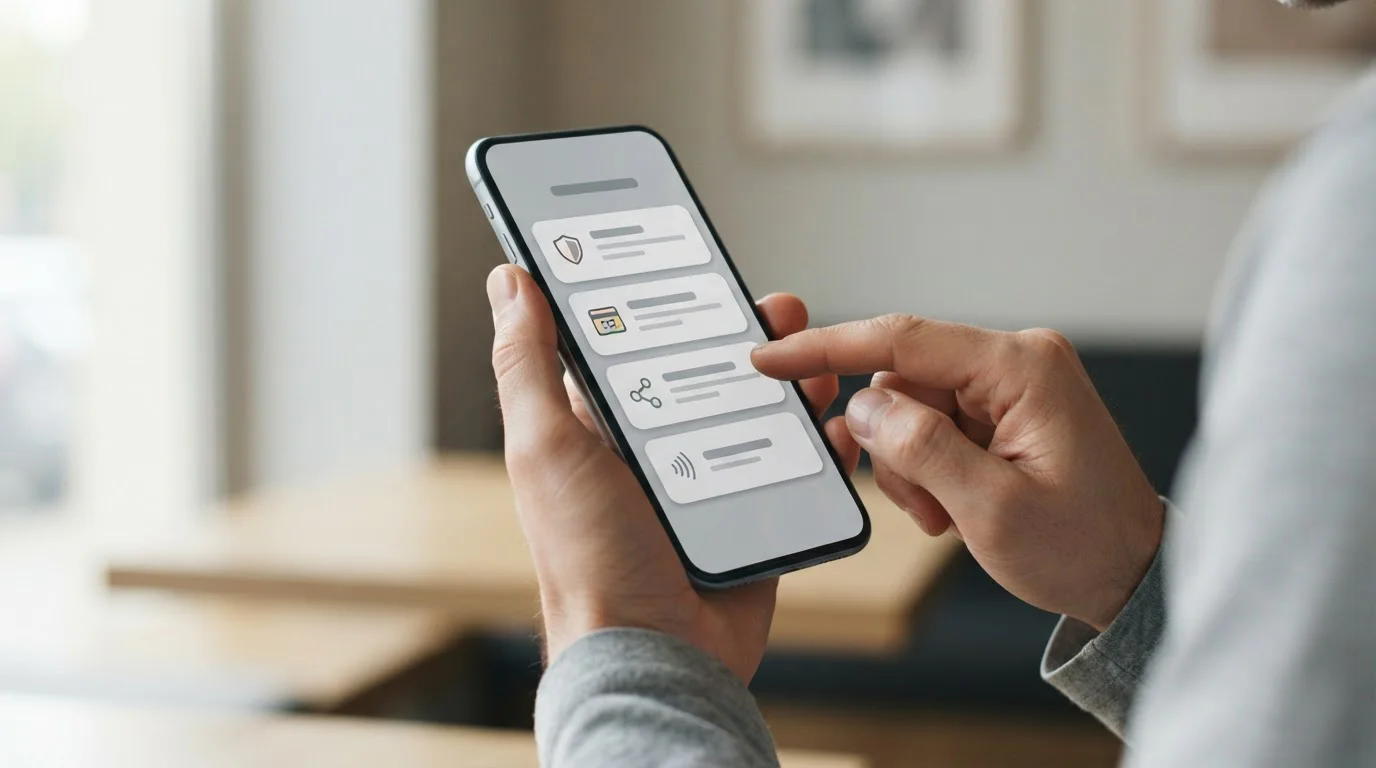 Smartphone mit abstrakten Zahlungsoptionen auf neutralem Interface